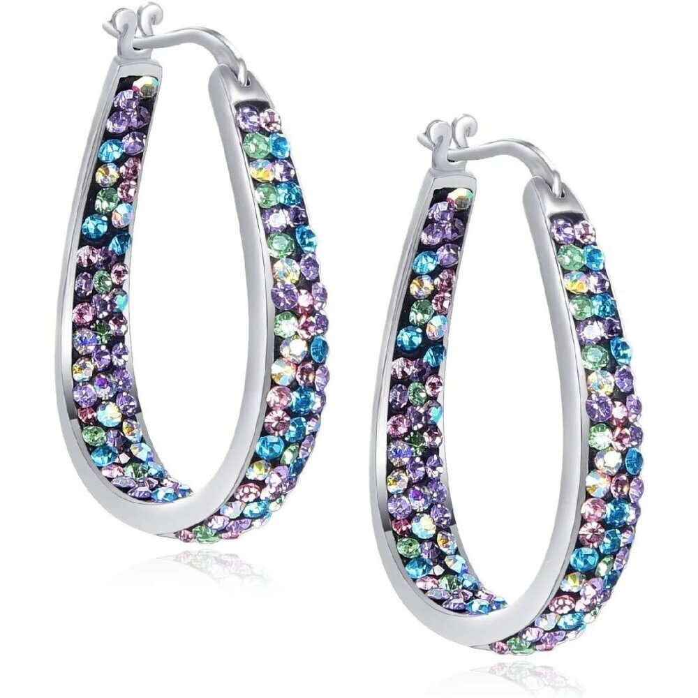 🆕 Women Blue Crystal Hoop Earrings Plated Inside Out Oval Shape Jewelry Gifts
